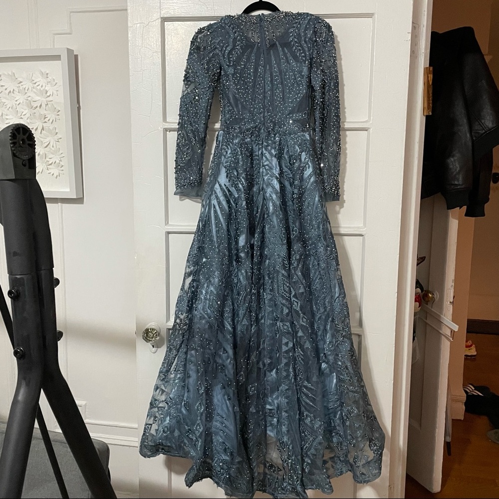 Slate Rusty Blue Gown Silver Beading & Lace Embroidered Design - Picture 3 of 4